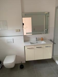biała łazienka z toaletą i umywalką w obiekcie Harztor w mieście Nordhausen
