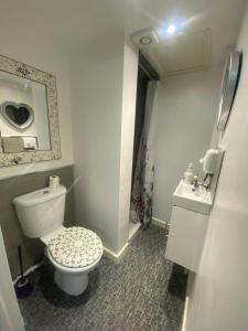 y baño con aseo blanco y lavamanos. en Beautiful 3-Bed apartment in Merthyr Tydfil en Merthyr Tydfil