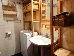 a bathroom with a sink and a washing machine at Hostdomus - Wood Apartment in Cesana Torinese
