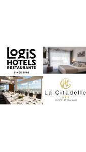 un collage di tre foto di una camera d'albergo di Logis Hôtel Restaurant La Citadelle a Blaye