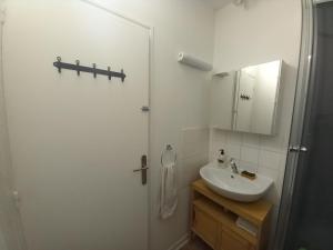 een witte badkamer met een wastafel en een douche bij Appartement 28m2 proche gare SNCF+café+thé+WIFI gratuits in Orléans