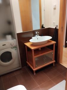 a bathroom with a sink and a washing machine at Estudio Céntrico D2 in Oviedo