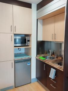 a kitchen with a sink and a microwave at Estudio Céntrico D2 in Oviedo