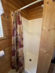 a bathroom with a shower curtain in a room at The Aspen House in West Yellowstone