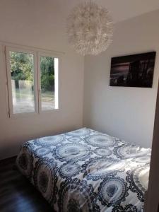 1 dormitorio con 1 cama con manta azul y blanca en Gite 4/6 pers près du Lac en pleine nature en Carcassonne