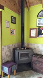 a room with a stove in a green wall at Casa de Lago y Montaña in El Calafate