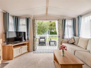 a living room with a couch and a tv at Luxury Modern Family Lodge with Pools, Linen & Activity Pass in Award-Winning Holiday Park in Ferndown