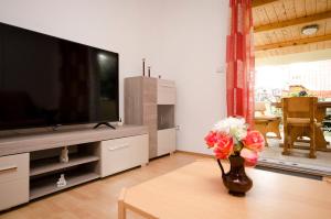 ein Wohnzimmer mit einem TV und einer Vase mit Blumen auf dem Tisch in der Unterkunft House Rajka I in Vodice