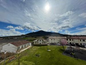 une vue sur une ville avec une montagne en arrière-plan dans l'établissement Apartamentos Montejurra, à Ayegui