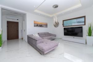 a living room with a couch and a flat screen tv at Villa Samoel88 in Veliko Brdo