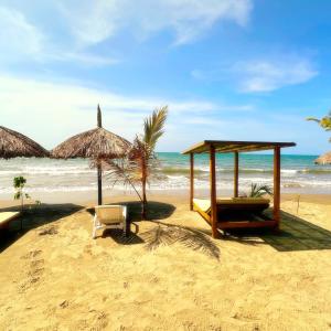 una playa con sillas y sombrillas y el océano en SUITE OCEAN VIEW - PLAYA en Tolú