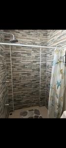 a bathroom with a shower and a shower curtain at Kafi Studio in Liberia