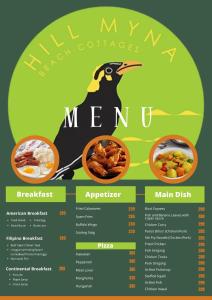 a menu for a mexican restaurant with a bird on it at Hill Myna Beach Cottages in Sabang