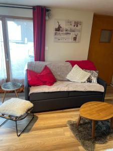a living room with a couch with red pillows at Charmant T2 proches centre village in Les Rousses