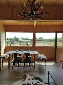 two tables in a room with horses in the background at Bosquey Ranch B&B in Alice Castello