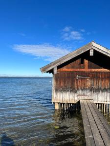 a wooden building on a dock in the water at Chiemgauloft am Chiemsee in Übersee