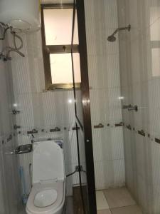 a bathroom with a toilet and a window and a shower at Luxury Gest house in Addis Ababa