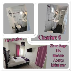 een collage van twee foto's van een slaapkamer en een badkamer bij Le Crist'Al Hôtel de charme en bord de mer in Saint-Georges-de-Didonne