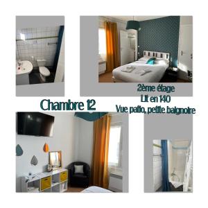 een collage van foto's van een slaapkamer en een badkamer bij Le Crist'Al Hôtel de charme en bord de mer in Saint-Georges-de-Didonne