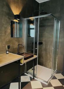 y baño con ducha, lavabo y barra. en Designer loft with sunny terrace, en Amberes