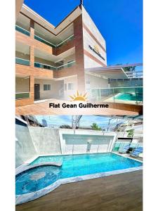 um edifício com piscina em frente a um edifício em Flat Gean Guilherme - Canasvieiras em Florianópolis