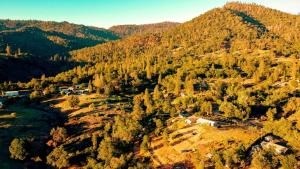 una vista aérea de una montaña boscosa con casas en Campgrounds at Sequoia Mountain Farms, en Miramonte