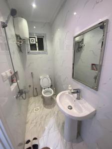 a white bathroom with a sink and a toilet at Eco Room in Jeddah