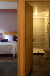 um quarto com uma cama e uma casa de banho com um chuveiro em Roma Majestic By Mr W em Cidade do México