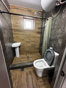a small bathroom with a toilet and a sink at Байтеке in Bishkek