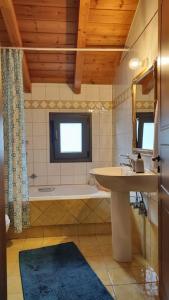 a bathroom with a sink and a tub and a mirror at Agnes Cottage House in Konitsa