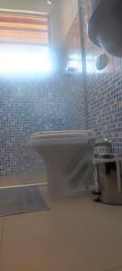 baño con aseo blanco y azulejos azules en Hospedaria Caminho da Roça, en Gonçalves