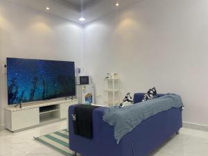 sala de estar con sofá azul y TV de pantalla plana en Singles Room en Yeda