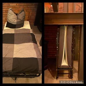 dos fotos de una cama con una almohada en ella en Ferienwohnung Loft Schwielowsee mit Sauna, en Schwielowsee
