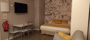 um quarto com uma cama e uma televisão na parede em Serendipity Hispalis Nervión em Sevilha