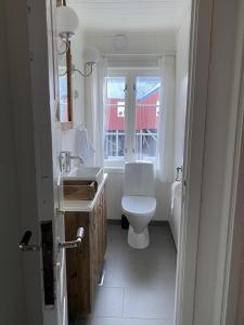 a bathroom with a toilet and a sink and a window at Elisabeth-Bua in Moskenes
