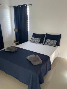 a bedroom with a large bed with blue sheets and pillows at Villa Favvidae ~ Close to Beach in Jan Thiel