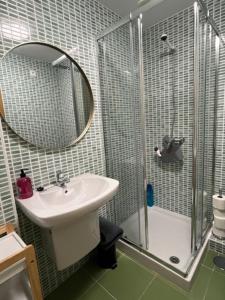 een badkamer met een wastafel en een douche met een spiegel bij Costa Reinante Foro in Barreiros