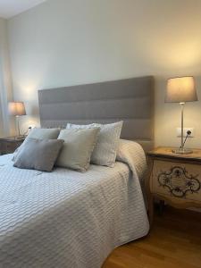 een slaapkamer met een bed met kussens en een lamp bij Costa Reinante Foro in Barreiros