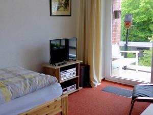a room with a tv and a bed and a window at Holiday apartment Schramm in Bargteheide