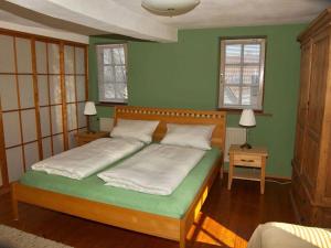 een slaapkamer met 2 bedden, groene muren en ramen bij Nice apartment in Weilmünster in Weilmünster