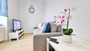 sala de estar con sofá y jarrón con flores en Le Serenity - Spacieux et Confortable - Relax BNB, en Mulhouse