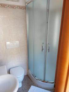 uma casa de banho com um WC e um chuveiro em ca augusto with seaview em Monterosso al Mare