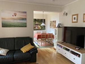 uma sala de estar com um sofá e uma televisão em Holiday apartment Seagull em Bad Saarow