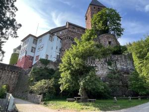 a large building on top of a stone wall at Holiday apartment Schlossblick 2 in Zwingenberg