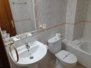 a bathroom with a white toilet and a sink at Hostal San Roque in Guadalajara