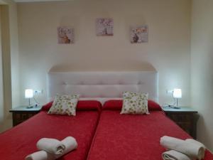 1 dormitorio con 1 cama roja y 2 almohadas en Hostal San Roque en Guadalajara