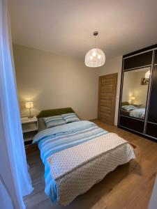 a bedroom with a bed and a mirror at Apartament na Zielonym Wzgórzu in Bielsko-Biala