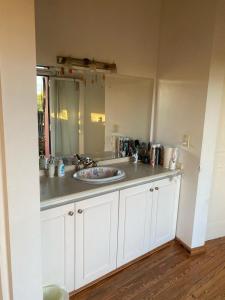 a bathroom counter with a sink and a mirror at Casa golf en las sierras de Cordoba in Cordoba