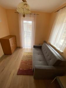 ein Wohnzimmer mit einem Sofa und einem Fenster in der Unterkunft Apartament na Zielonym Wzgórzu in Bielsko-Biała