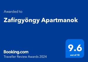 Certifikát, hodnocení, plakát nebo jiný dokument vystavený v ubytování Zafírgyöngy Apartmanok